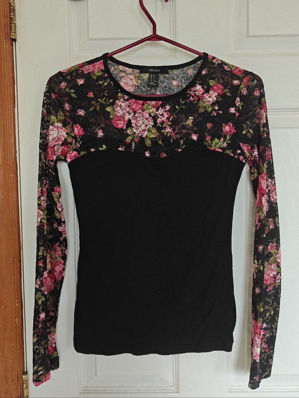 Forever 21 Black Long Sleeve Top with Pink Floral Lace Yoke & Sleeves